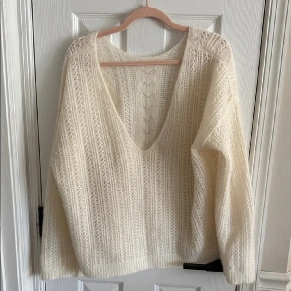 Sézane Ecru Wool Mohair Blend V Back Sweater Sz XXXL